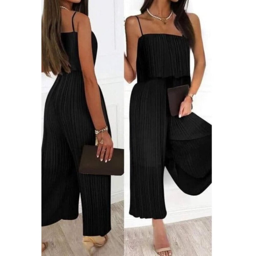 Womens Black Pleated Spaghetti Strap Jumpsuit Size L Polyester & Spandex Blend